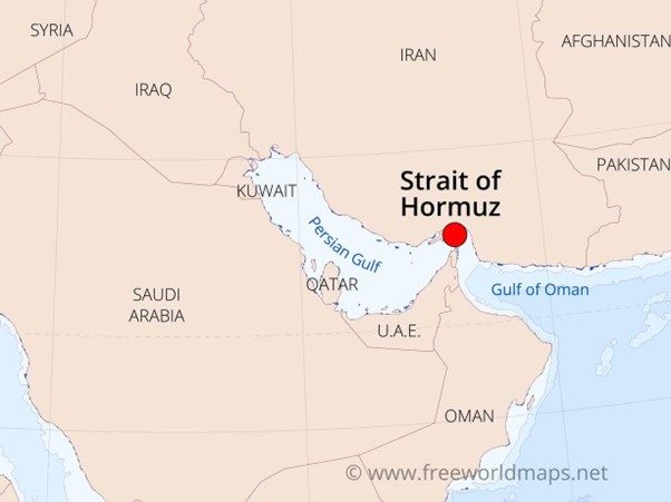 Abbildung 2: Die Strasse von Hormuz ist eine Meerenge zwischen Oman und dem Iran, durch welche 20% der weltweiten Ölproduktion per Tanker transportiert werden. Quelle: U.S. Energy Information Administration (eia), freeworldmaps, Swiss Life Wealth Managers