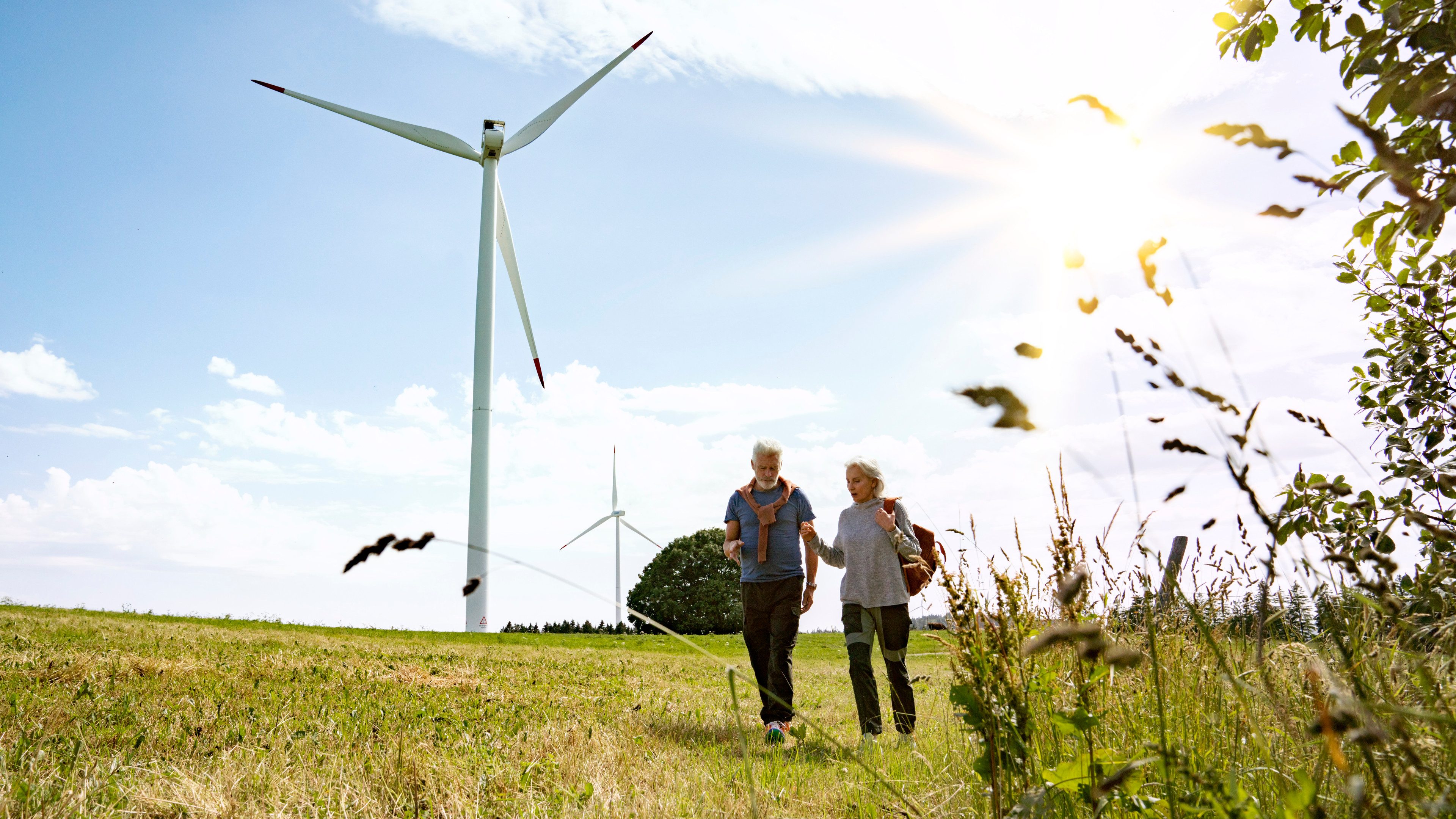 Älteres Paar wandert durch Wiese mit Windrädern.